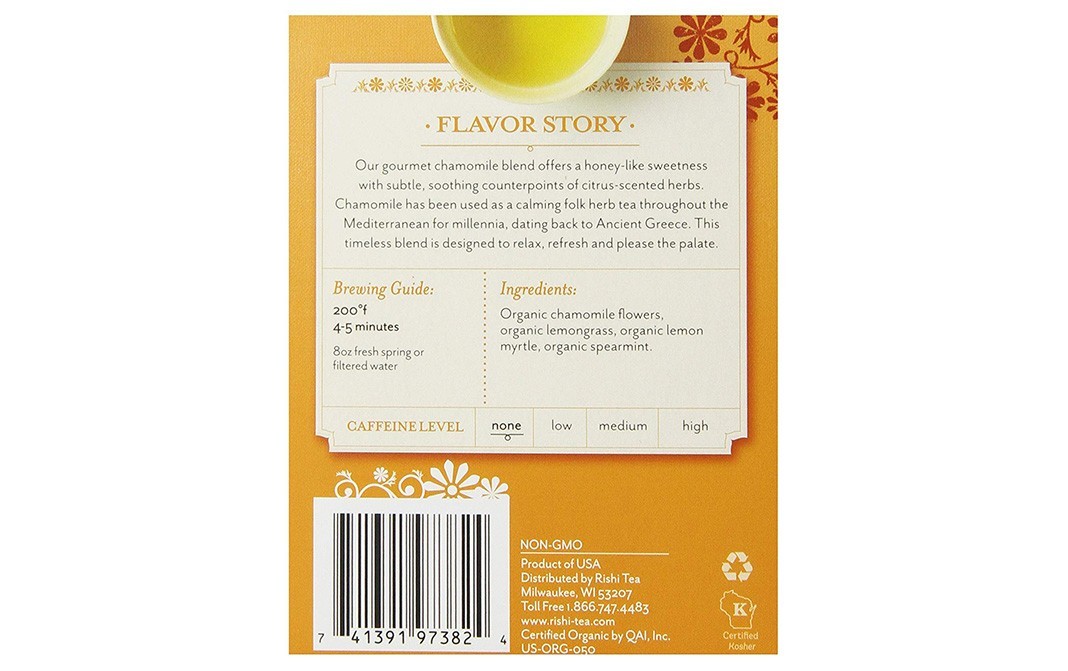 Rishi Tea Organic Herbal Tea, Chamomile Medley   Box  15 pcs